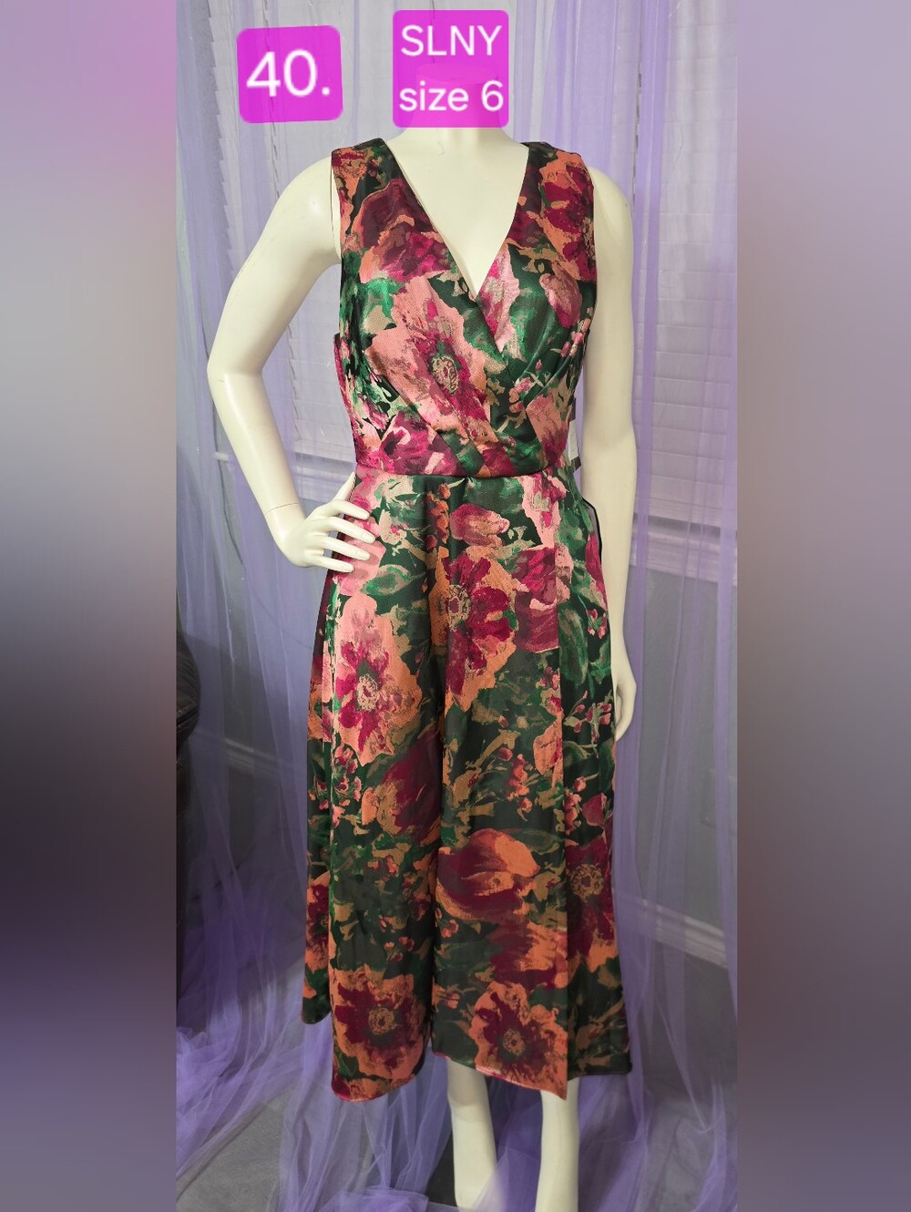 SLNY Floral V-Neck Midi Dress in Green Floral, With Pockets